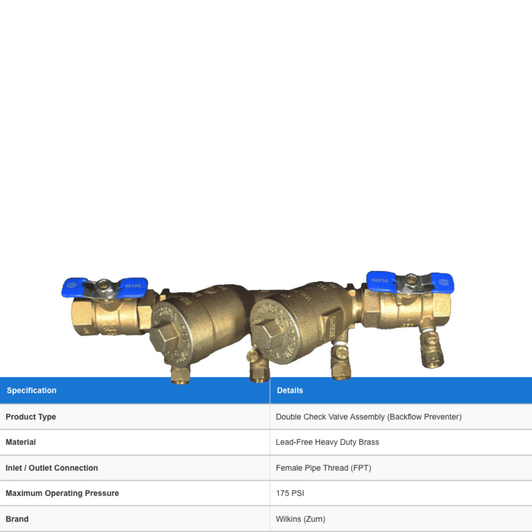 Zurn Wilkins Brass Double Check Valve detailed specifications table