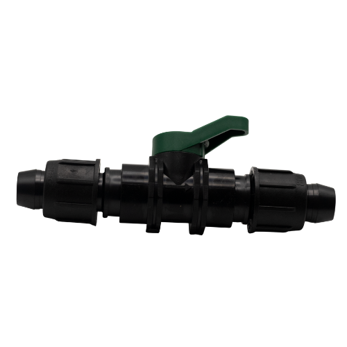 Irritec Easy Loc Shut-Off Valve, horizontal side profile of black tubing valve MPN: ELSO34
