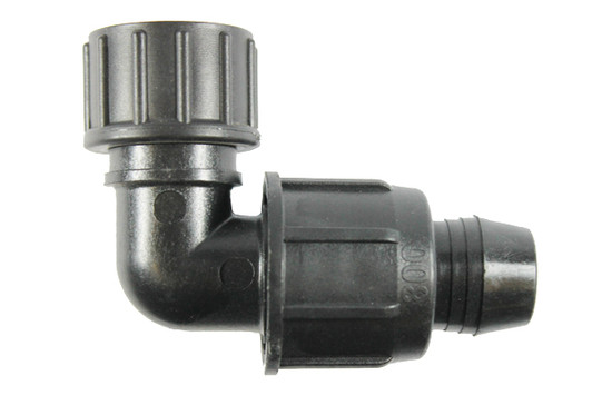 Irritec Easy Loc Female Hose Elbow, 90-degree black fitting with swivel hose thread connection MPN: ELFL34