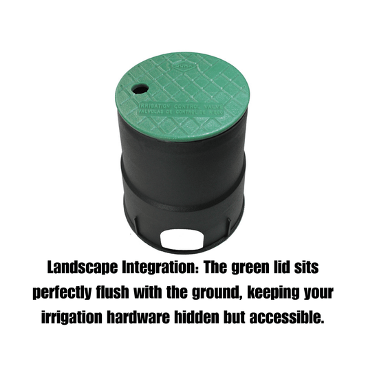 Dura Valve Box infographic showing flush ground landscape integration
