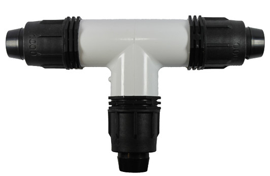 Irritec Easy Loc Tee, flat front view of 1-inch 3-way fitting with white PVC center and black adapters MPN: ELT1