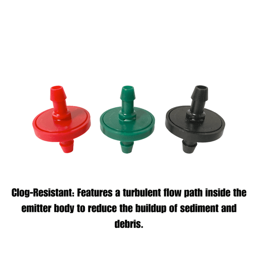 Jane Mini Inline Emitters clog resistant turbulent flow path informational graphic