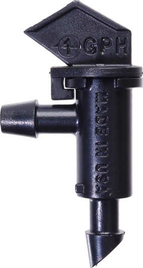 DripWorks Take-Apart Emitter 1 GPH black flag top close up profile view
