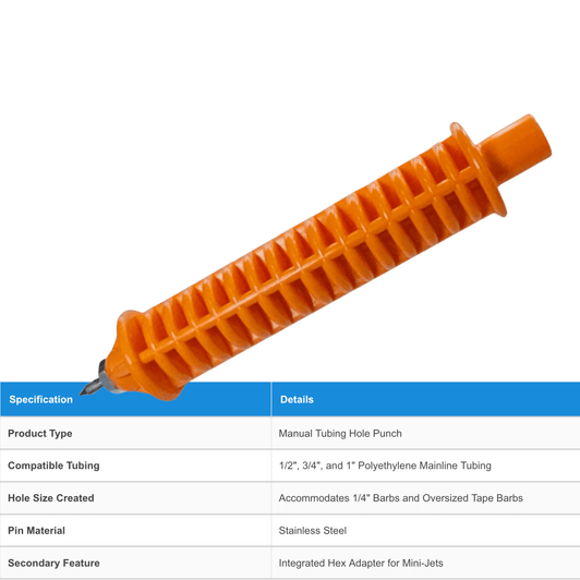 DripWorks Orange Handle Punch angled view with product specifications table