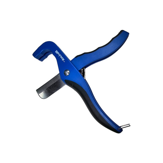 Hydro-Rain Blu-Lock Poly Tubing Cutter isolated view with open jaws and stainless blade MPN: BLP-CUT-25-1X