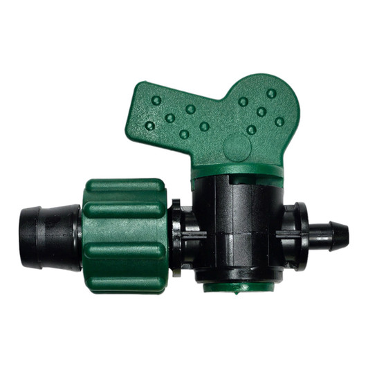 Side view of the Irritec Perma Lock Tape x 1/4" Barb irrigation valve (A2-TV5B250), showing the shut-off handle.