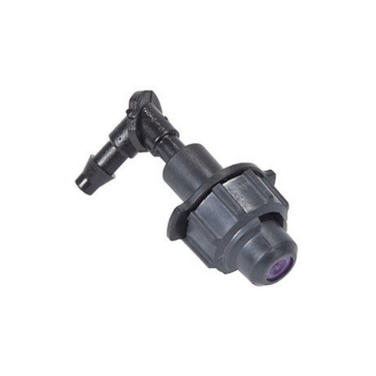 DripWorks Elbow Mister angled view showing purple misting orifice