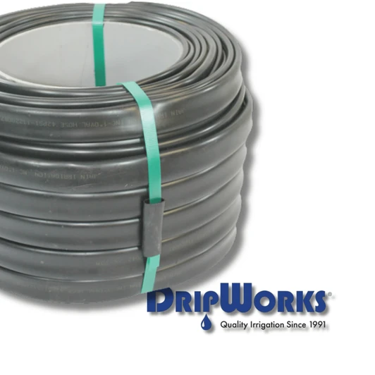 DripWorks 42 PSI Oval Hose Mainline thick coil close up with brand logo