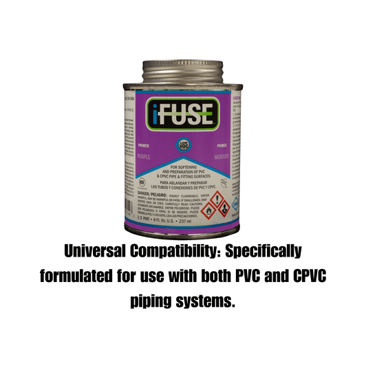iFUSE Purple Primer 8 oz infographic on PVC and CPVC universal compatibility