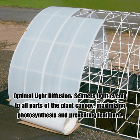 Solexx Greenhouse covering roll on a frame with text overlay "Optimal Light Diffusion"
