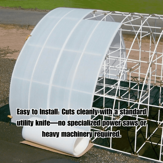 Solexx Greenhouse covering roll on a frame with text overlay "Easy to Install"
