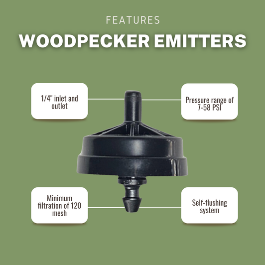 Netafim Woodpecker Emitters features and specifications infographic