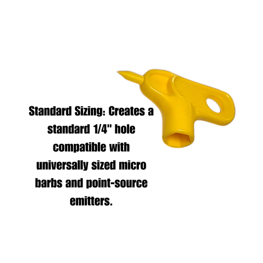 DripWorks Key Punch infographic showing standard 1/4 inch hole sizing for emitters MPN: PUKEY