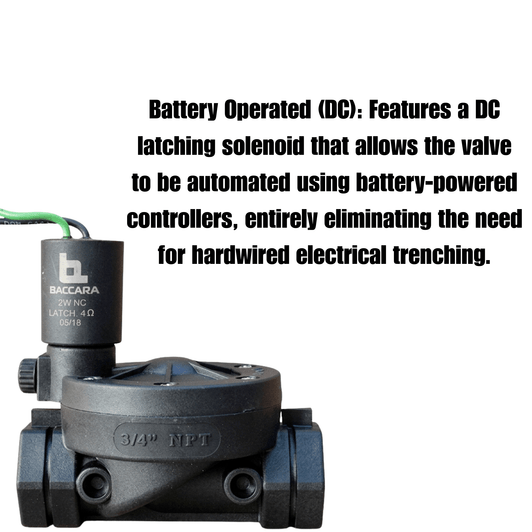 Baccara 3/4 inch DC Valve battery operated latching solenoid graphic
