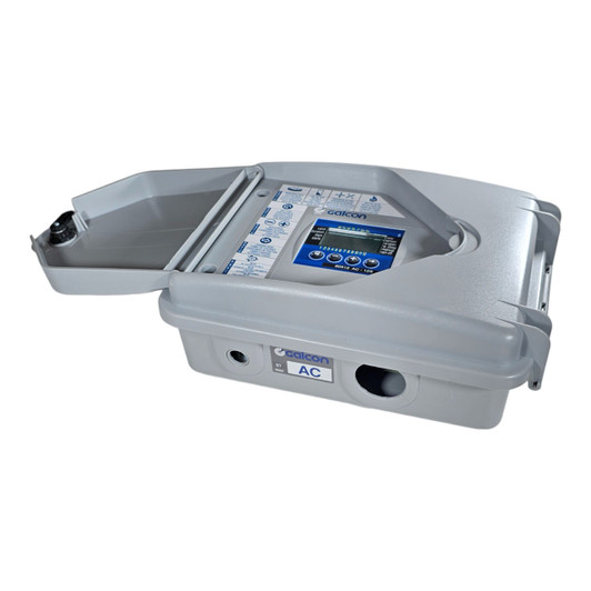 Galcon 8000 Series AC Controller angled profile with open lid and wiring ports MPN: TGNAC