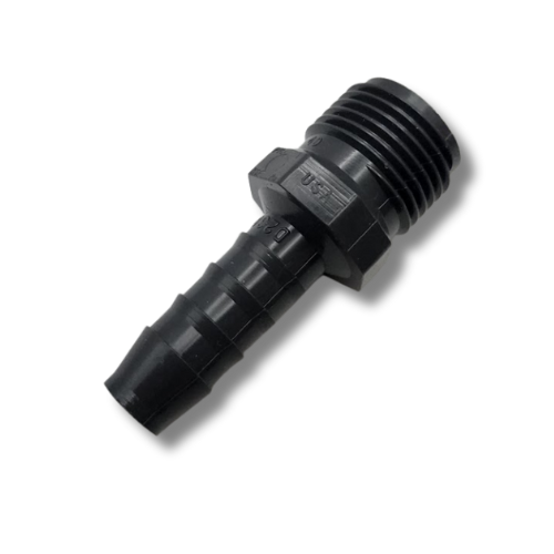A side profile of a Schedule 40 PVC Barbed Male Adapter, MPN 502-010. This fitting connects poly tubing to a female pipe thread port and is available in 1/2", 3/4", and 1" sizes.