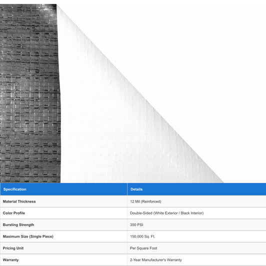 Black/White 12 Mil Cover showing product specification table overlay.