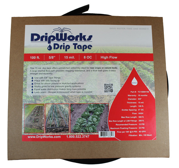 DripWorks 100' Drip Tape High Flow retail packaging with red label detail MPN: P1-51525-08-0100