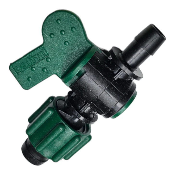 Irritec Perma-Loc 5/8" Tape x 1/2" Barb Valve angled view with green handle MPN: A2-TV5B400