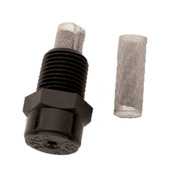 DripWorks Superfine Misting Nozzle black threaded emitter with silver filter screen
