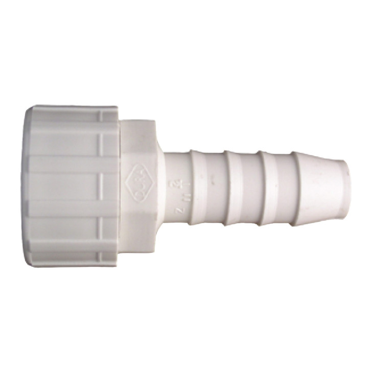 Dura Poly Insert x FHT Adapter side profile showing white PVC barbed end and threaded female connection