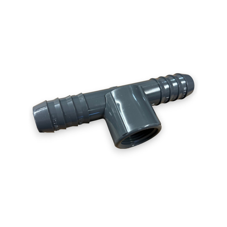 Dura Barb x Barb x FPT Tee angled top view showing barbed ends and female threads