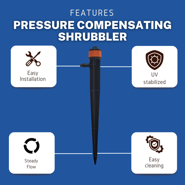 Pressure Compensating Shrubbler features: Easy installation, UV stabilized, steady flow, and easy cleaning.