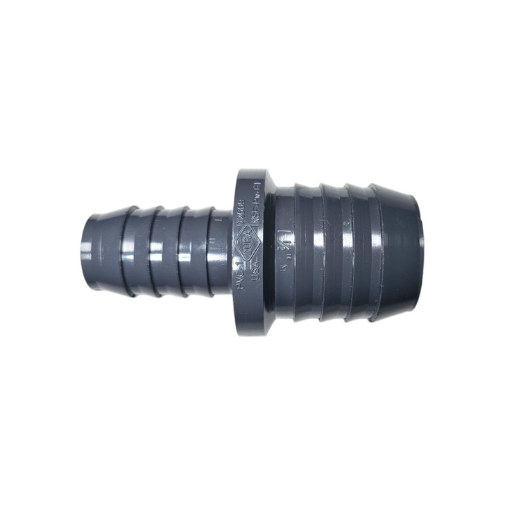 A side profile of the 1" x 3/4" Schedule 40 PVC Insert Reducer Coupling. This fitting, MPN 436-010-007, is designed to securely connect a 1-inch flexible pipe to a 3/4-inch flexible pipe.