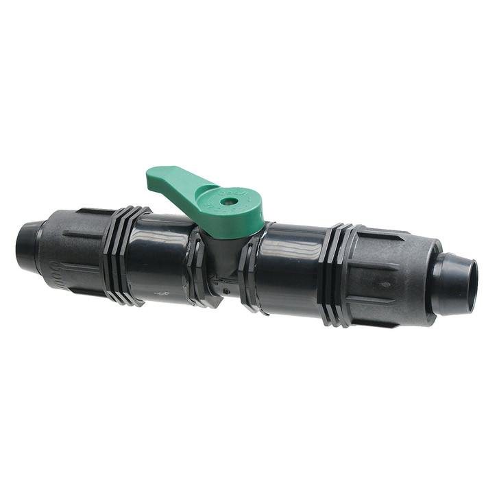 Irritec Easy Loc Tubing Valve, angled view of black 1-inch inline shut-off with green handle MPN: ELTCV1