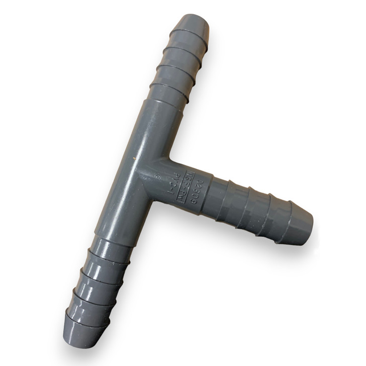 A straight-on view of a 3/4" Schedule 40 PVC Insert Tee, part number 1401-007. This grey barbed fitting is used to connect three 3/4" sections of poly pipe to create a secure, leak-proof branch line.