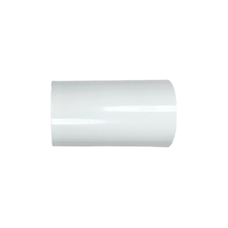 Dura 1 1/2" PVC Coupling horizontal profile view of white Schedule 40 fitting MPN: 406-015