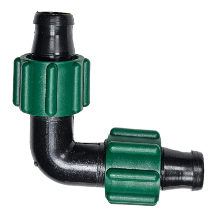 A side-profile photo of the Irritec 5/8" Perma-Loc Tape Elbow (A1-TE55), used to make a 90-degree turn in drip tape.