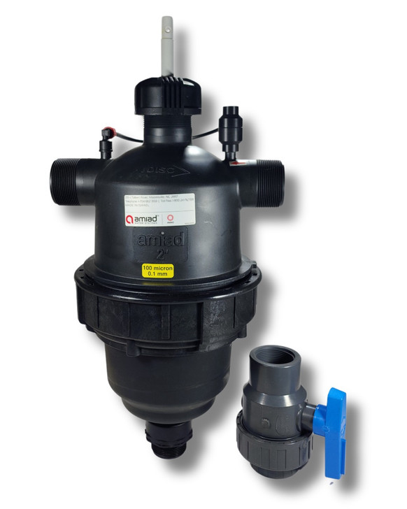 Amiad 2" Scanaway Filter front view showing main black body and blue flush valve
