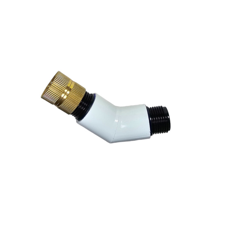 A white Schedule 40 PVC Faucet Angle Adapter, often called a "hose saver." It features a female hose thread (FHT) swivel and a male hose thread (MHT) end to prevent hose kinking at the spigot.
