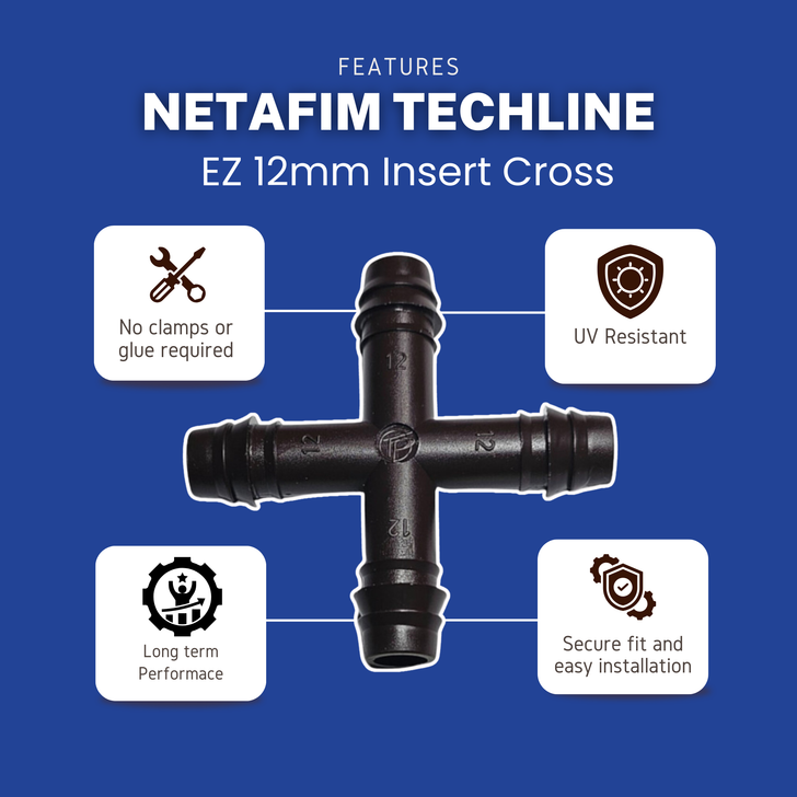 Netafim Techline EZ 12mm Insert Cross key product features graphic MPN: 32500-003190