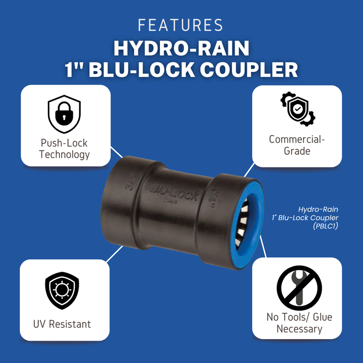 Features of the 1" Blu-Lock Coupler (BL-429-010): Push-Lock tech, commercial-grade, UV resistant & no tools/glue.