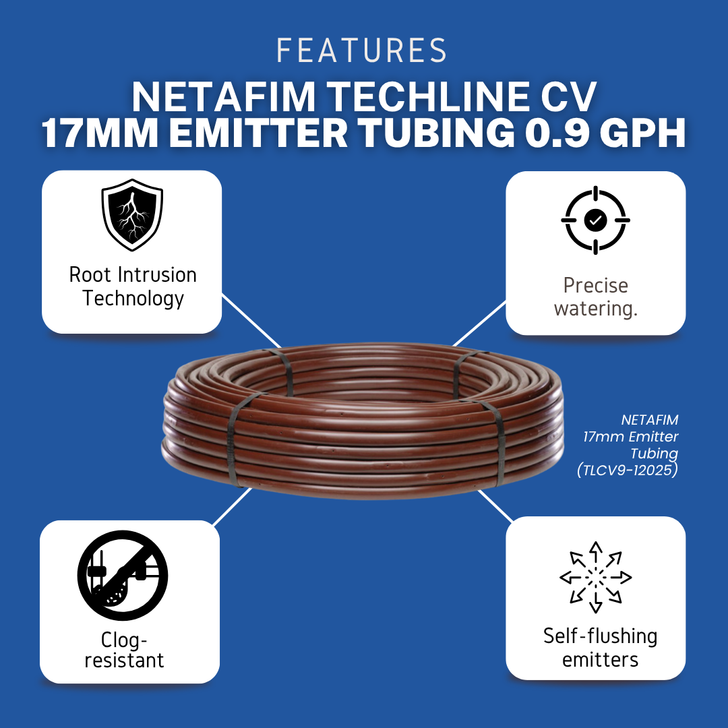 Features of Netafim Techline 17mm Tubing (0.9 GPH): root intrusion tech, precise watering, clog-resistant & self-flushing.