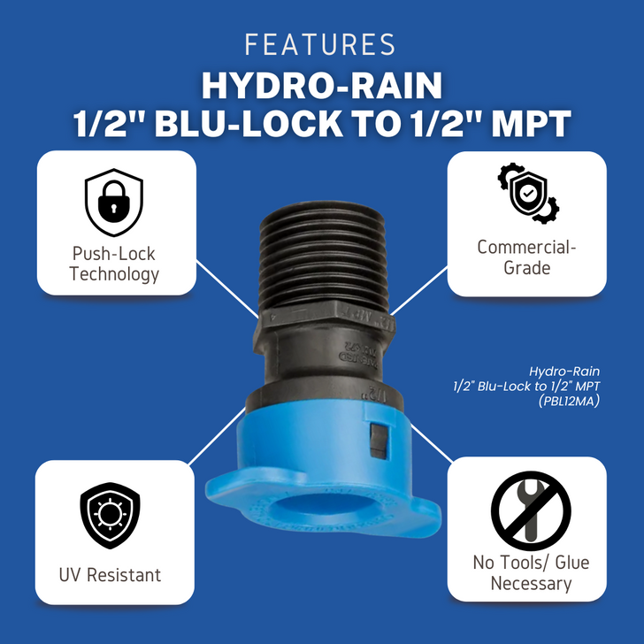 A features graphic for the Hydro-Rain 1/2" Blu-Lock x 1/2" MPT Adapter, MPN BL-429-005. This image highlights the adapter's key advantages, including its simple Push-Lock Technology, durable commercial-grade build, UV resistance, and easy installation with no tools or glue.
