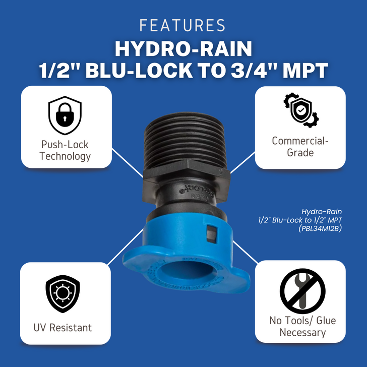 A features graphic for the Hydro-Rain 1/2" Blu-Lock x 3/4" MPT Adapter, MPN BL-429-007. This image highlights the adapter's key advantages, including its simple Push-Lock Technology, durable commercial-grade build, UV resistance, and easy installation with no tools or glue.