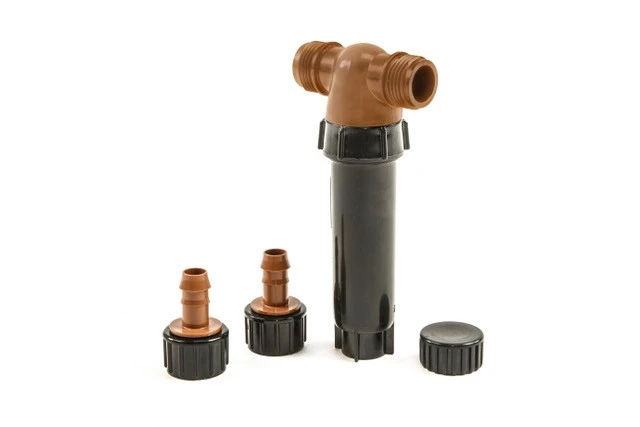 H2OWize Spray-to-Drip Converter showing main body, two barb fittings, and one cap MPN: HW1849