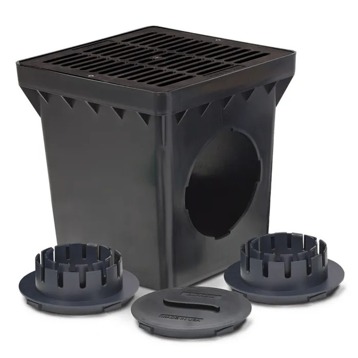 DB12KITB - 12 Inch Drainage Basin Kit with 2 Outlets, 12 Inch Flat Black Grate and Adapters