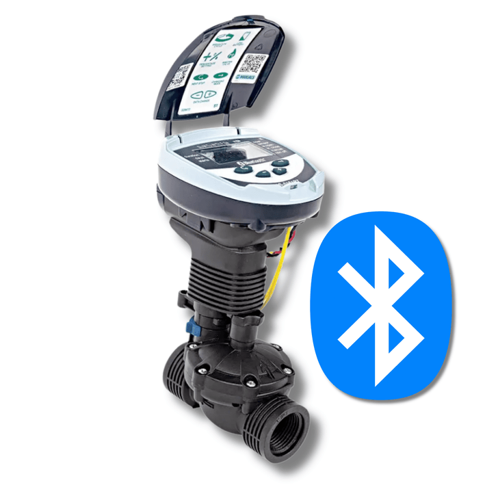 Galcon DC-1BT Bluetooth Controller with open lid mounted on inline valve