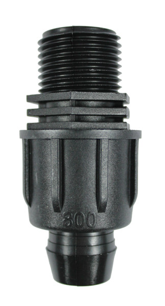 Irritec Easy Loc Male Hose End, vertical close-up of black locking collar and threads MPN: ELMH34