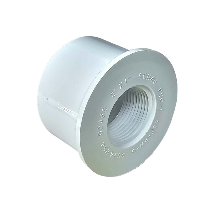 A Dura Schedule 40 PVC Reducer Bushing, designed to glue into a slip fitting to create a reduced-size female pipe thread (FPT) connection. It is available in a wide range of sizes.
