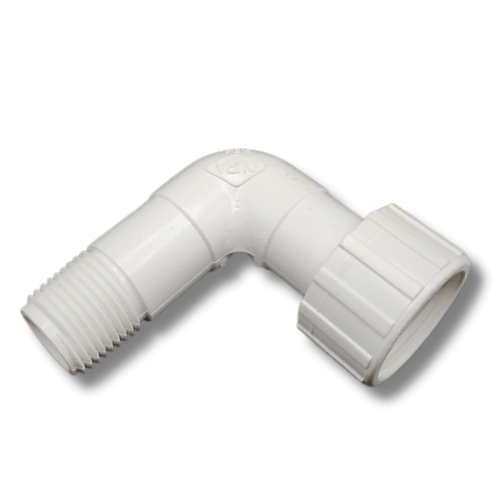 Dura 3/4" FHT Swivel x 1/2" MPT Elbow angled view showing swivel nut MPN: 513-005