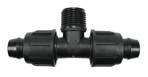 Irritec Easy Loc Male Tee, flat view of black 3-way fitting with central male pipe threads MPN: ELMT34