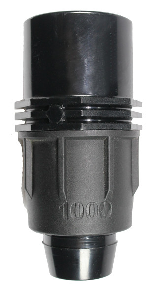 Irritec Easy Loc Slip Adapter, vertical close-up highlighting the 1000-series locking nut and smooth PVC socket MPN: EL1SOC