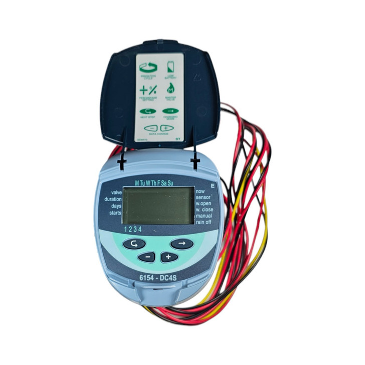 Galcon 4-Station Battery Controller front view with open lid and wires MPN: GAJ4S0002P0