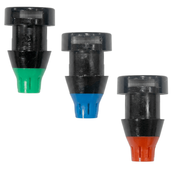 Vibra Clean 0.5 GPH green, 1 GPH blue, and 2 GPH red emitters group view