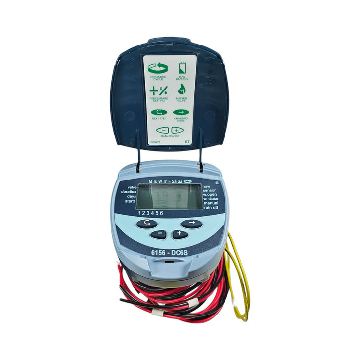 Galcon 6156 DC-6S 6-Station Battery Controller front view with open lid and multi-zone wire bundle MPN: GAJFSI002P0